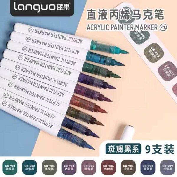 Languo Acrylic Brush Marker Set of 10 Colourful Black Series