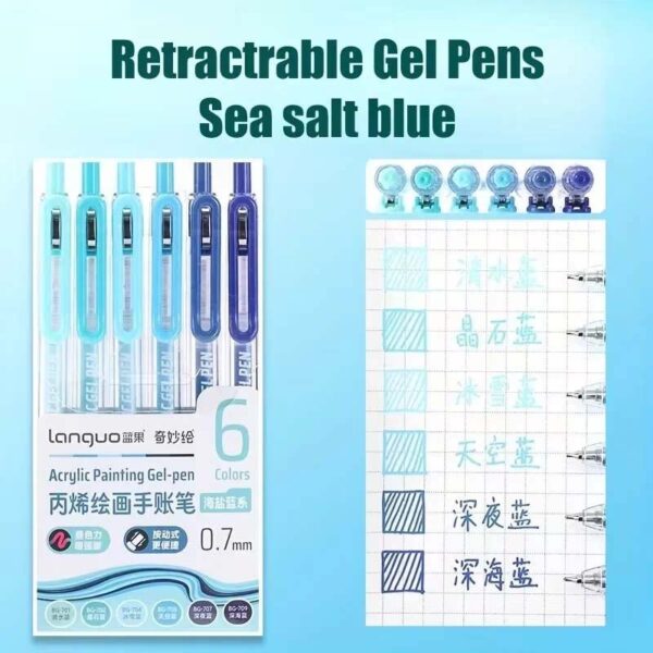 Languo Retractable Acrylic Gel Pens Sea Salt Blues 6 Colors Set D200-6