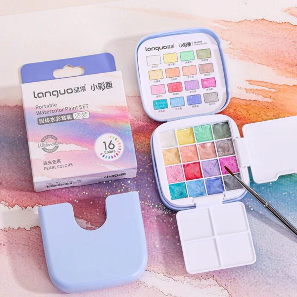 Languo Portable Watercolor Paint Set Of 16 With Brush - Pearl Colors (S-618-4)