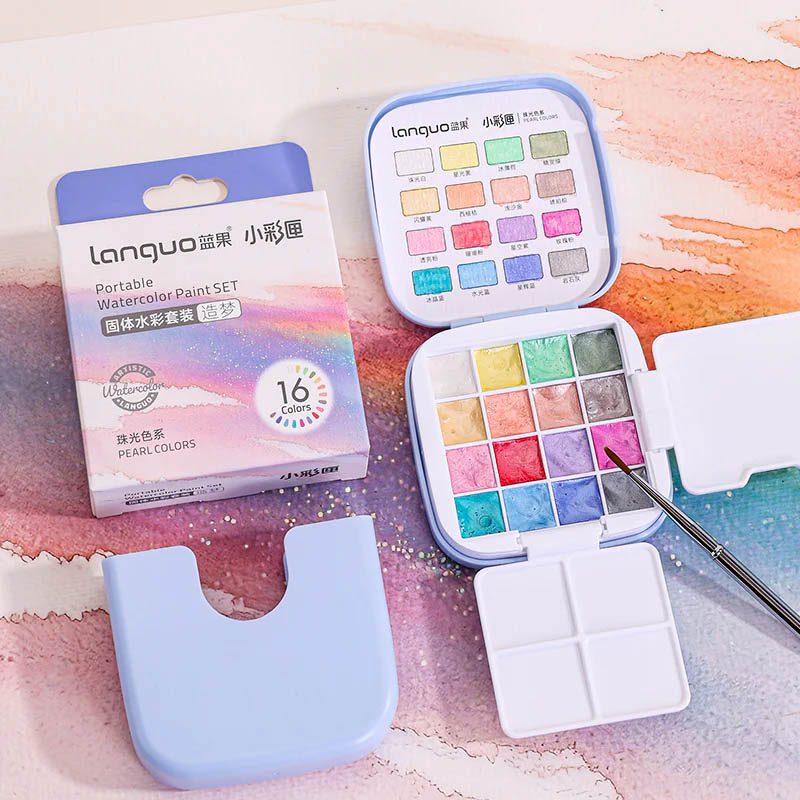 Languo Portable Watercolor Paint Set Of 16 With Brush - Pearl Colors (S-618-4)