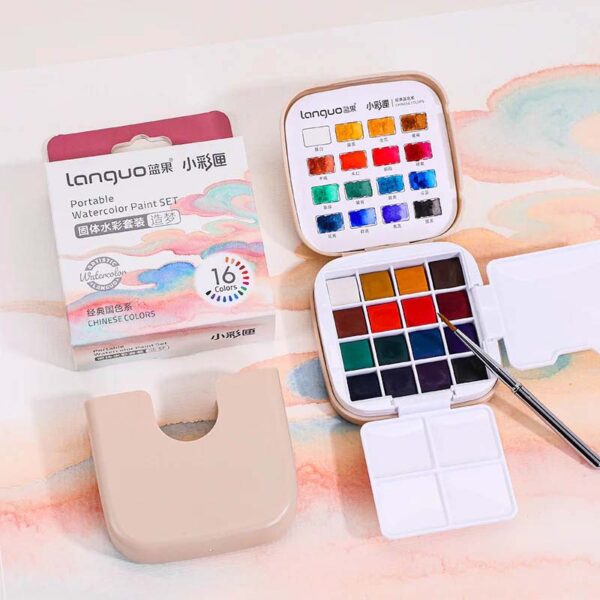 Languo Portable Watercolor Paint Set Of 16 With Brush – Chinese Colors