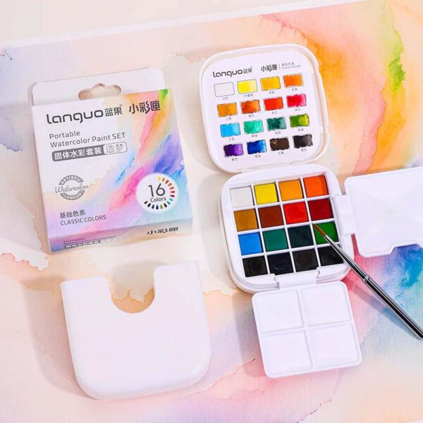 Languo Portable Watercolor Paint Set Of 16 With Brush – Classic Colors