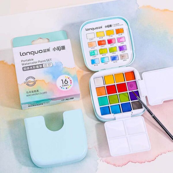 Languo Portable Watercolor Paint Set Of 16 With Brush – Macaron Colors