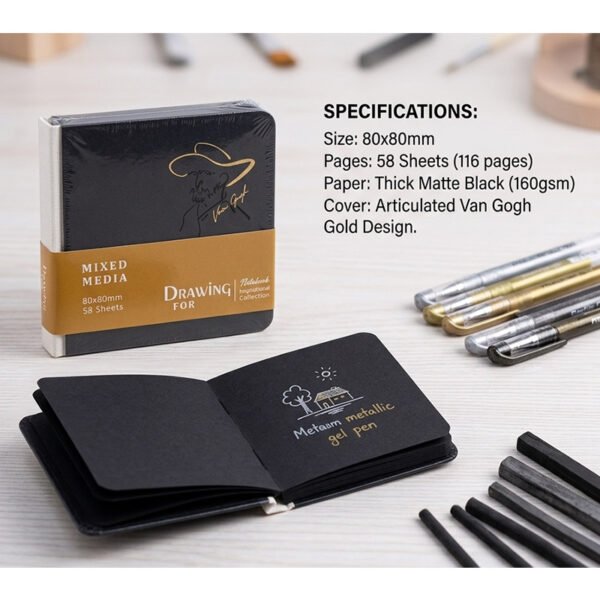 Van Gogh Premium Mini Mixed Media Notebook Black 80x80mm 58 sheets