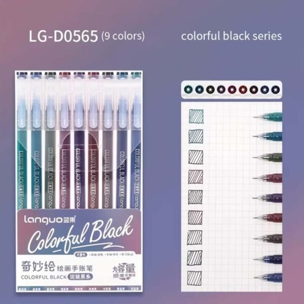 Languo Gel Pen Set of 9 Colourful Black LG-D0565